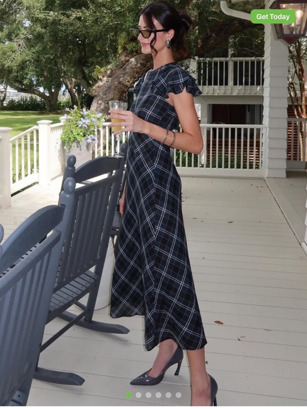Doen Black Plaid Midi Dress with Flutter Sleeves